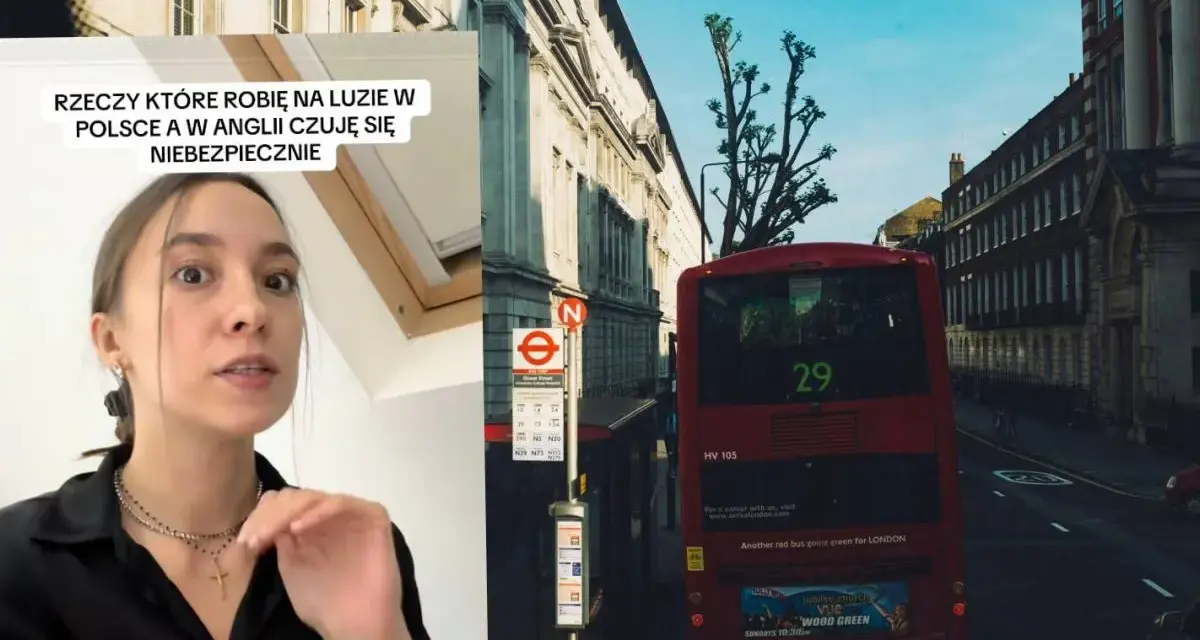 Kobieta mówi o rzeczach, które robi na luzie w Polsce, a w Anglii czuje się niebezpiecznie. W tle londyński autobus i budynki.