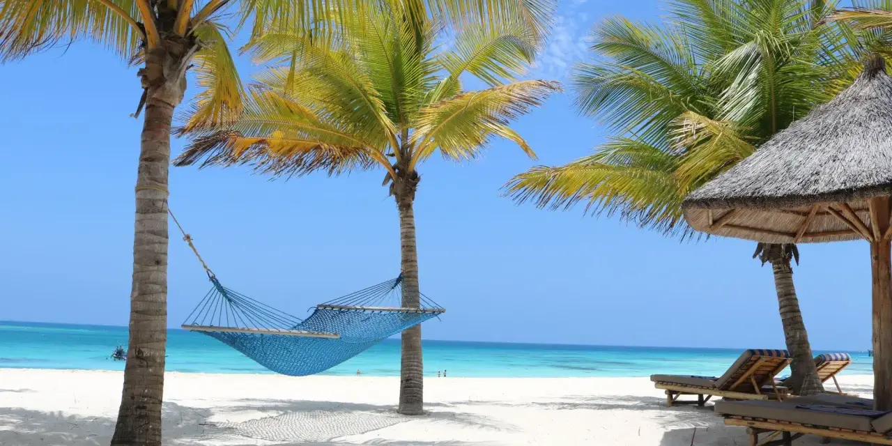 Błękitna hamak między palmami na białej plaży. Idealne miejsce, by odpocząć i zastanowić się, gdzie leży Zanzibar.