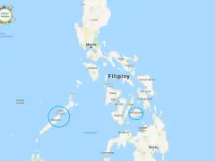 Mapa pokazuje, gdzie leżą Filipiny, archipelag na Morzu Południowochińskim, z zaznaczonymi miastami jak Manila i Palawan.