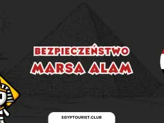 Czy w Marsa Alam jest bezpiecznie? Grafika z piramidą, flagą Egiptu i postacią faraona sugeruje, że tak.