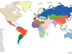 Mapa świata z zaznaczonymi regionami. Turcja leży na styku Europy i Azji, w regionie Bliskiego Wschodu.