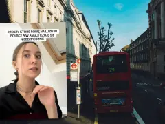 Kobieta mówi o rzeczach, które robi na luzie w Polsce, a w Anglii czuje się niebezpiecznie. W tle londyński autobus i budynki.
