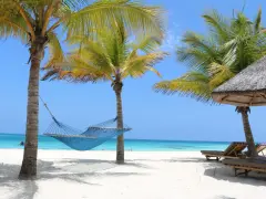 Błękitna hamak między palmami na białej plaży. Idealne miejsce, by odpocząć i zastanowić się, gdzie leży Zanzibar.