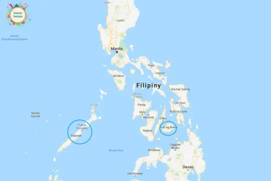 Mapa pokazuje, gdzie leżą Filipiny, archipelag na Morzu Południowochińskim, z zaznaczonymi miastami jak Manila i Palawan.