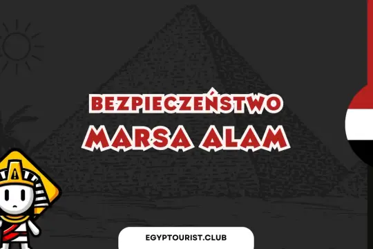 Czy w Marsa Alam jest bezpiecznie? Grafika z piramidą, flagą Egiptu i postacią faraona sugeruje, że tak.
