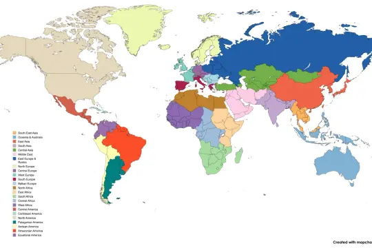 Mapa świata z zaznaczonymi regionami. Turcja leży na styku Europy i Azji, w regionie Bliskiego Wschodu.