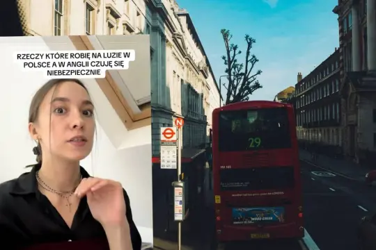 Kobieta mówi o rzeczach, które robi na luzie w Polsce, a w Anglii czuje się niebezpiecznie. W tle londyński autobus i budynki.