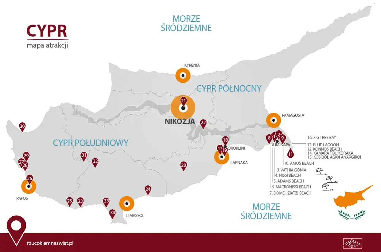 Mapa pokazuje, gdzie leży Cypr, z zaznaczonymi atrakcjami, miastami jak Nikozja, Pafos, Limassol, oraz wybrzeżem Morza Śródziemnego.